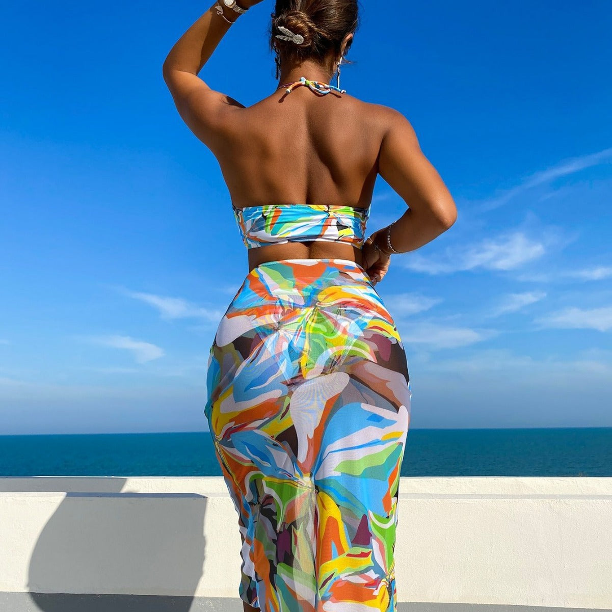 Split Bikini Three Piece Set Sexy Printed Lace up Drawstring Bikini